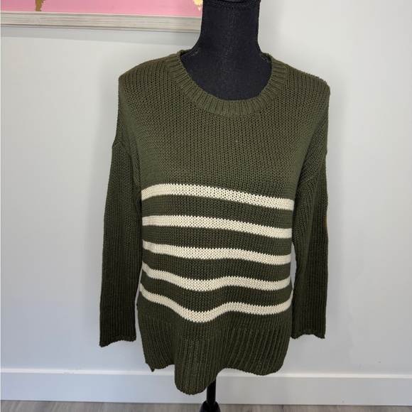 Alya Olive Green Elbow Patch Stripe Knit High-Lo Women’s Sweater (S) - Picture 2 of 7